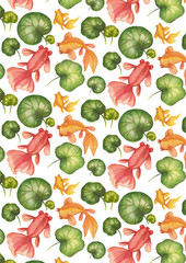 seamless pattern with green leaves and fishes