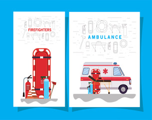 Ambulance paramedic car and firefighters icon set vector design © Grgroup