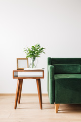 green sofa near wooden coffee table with plant, books and photo frame