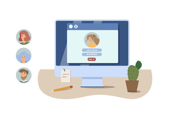 People login to social media apps mobile or computer by typing username and password. Online registration concept copy vector illustration. Different options for faces of characters to choose from. 