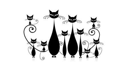 Funny cats family with kittens, black silhouette © Kudryashka