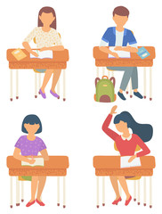 Kids studying in school vector, isolated pupils writing in notebooks on lessons. Schoolboy and schoolgirl answering question, books and bag on floor. Back to school concept. Flat cartoon