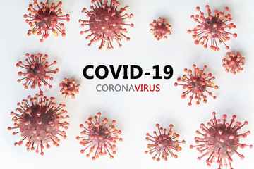 Covid-19, Coronavirus text on white background with coronavirus simulation cell