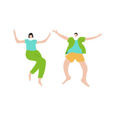 Flyer or poster for a summer dance party. A couple of friends in summer clothes have fun and jump. Vector illustration in flat style.
