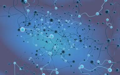 Neural network. Social network. Futuristic blue background. Abstract molecule, cell illustration, mycelium. Hi tech purple background. 3D illustration