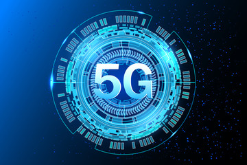 5G new wireless internet connection.  Fifth innovative generation of the global high speed Internet broadband network. Big data binary code flow numbers vector concept.