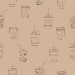 Brown doodle cups of coffee to go on calm beige background. Seamless cute tasty summer pattern. Suitable for packaging.