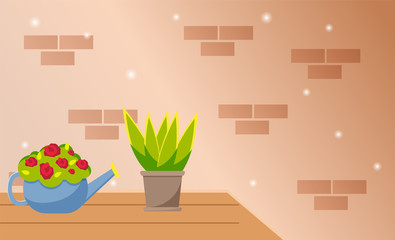 House plants in pots and watering can. A bouquet of red flowers in a watering can and a pot of evergreen stand on a table against a brick wall. The subject for watering flowers is used as a vase