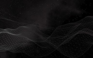 Black abstract background. Hi tech network. Cyberspace grid. Outer space. Starry outer space texture. 3D illustration