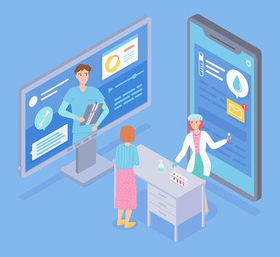Flat isometric illustration of smartphone and display of computer. Online consultation with doctor, physician. Lab assistant show results of medical test, hold flask. Income message at screen of phone