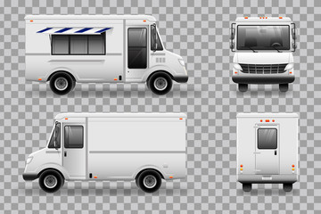 Realistic Food Truck vector template for car branding and advertising. All layers and groups well organized for easy editing. View from side, front, back, top.