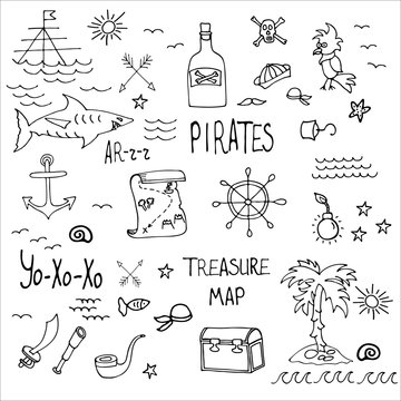 Huge set of sea pirates include sheep, parrot, saber, anchor, steering wheel, spyglass, shark, iceland, bomb, pipe and treasure map.Pirates emblems. Hand drawn illustration in Doodle style.