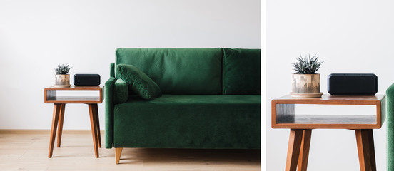 collage of green sofa with pillow and wooden coffee table with plant and alarm clock