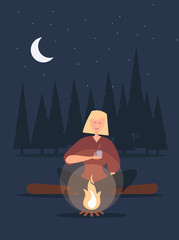 Cartoon People Sit Bonfire at Summer Night Vector Illustration. Summertime Camping Evening. Forest Wood Picnic. Nature Recreation.