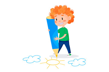 Kids characters are drawing on white walls. Children international day. Summer children activities. 