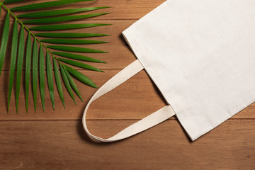 White tote bag canvas fabric. Cloth shopping sack mockup with copy space.