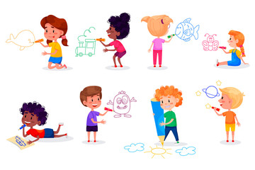 Kids characters are drawing on white walls. Children international day. Summer children activities. 