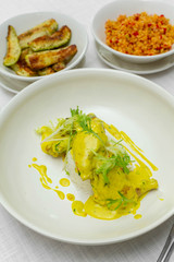 curry chicken in big plate, top view selective focus