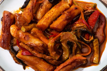 top view of spicy korean topokki in plate