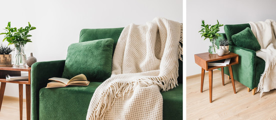 collage of green sofa with pillow, book and blanket near wooden coffee table with plants