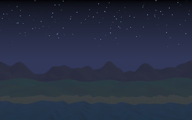 Starry moonless sky. Ocean shore line with waves on a beach. Island beach paradise with waves. Vacation, summer, relaxation. Seascape, seashore. Minimalist landscape, primitivism. 3D illustration