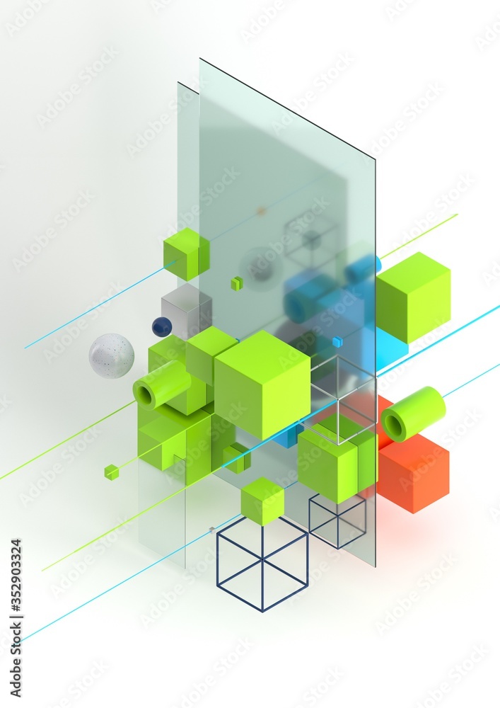 Leinwandbilder abstract 3d render visualization background, template modern composition of geometric shapes in isom