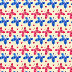 Bright pattern of red and blue butterflies on a yellow pastel background. Summer print of watercolor butterflies. Isolated butterflies. Bright design for textiles, factories, clothes.