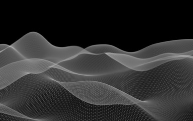 Abstract gray landscape on a black background. Cyberspace grid. hi tech network. 3d technology illustration. Depth of field. 3D illustration