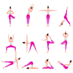 Different poses of yoga. Relaxation and meditation. Woman character is training different types of sports.