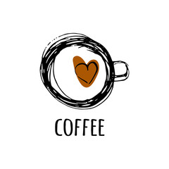 Vector illustration a cup with coffee with heart in sketch style black and brown color isolated on white