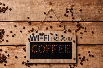 Coffee shop chalkboard with wifi password. Wood board with wifi password