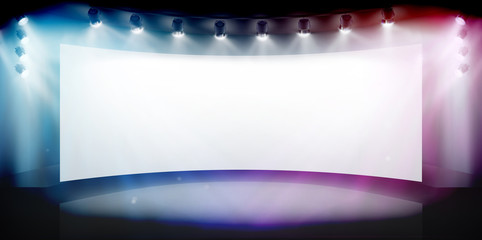 Projection screen in art gallery. Free space for advertising. Show on the stage. Abstract background. Vector illustration.