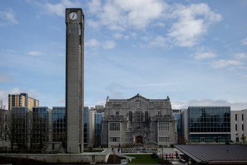 Clock tower at university campus, University of British Columbia, Vancouver, Lower Mainland, British Columbia, Canada - 352905779