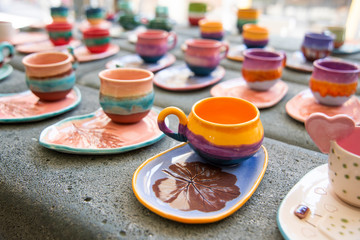 turkish coffee in colorful handmade ceramic cups	