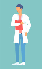 Doctor in hospital is holding clipboard. Healthcare poster, depicting doctor with notes and information. Person in white uniform with notepad, medical gown. Health care assistant vector illustration