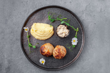 Homemade chicken meat patties with sauce, mashed potatoes