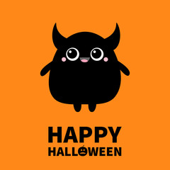 Monster silhouette. Happy Halloween. Cute kawaii cartoon black scary funny character icon. Two eyes, horns, hands. Funny baby collection. Isolated. Orange background. Flat design.