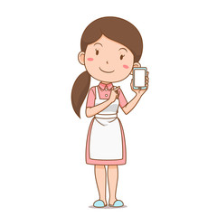 Cartoon character of housewife shopping online via smartphone.