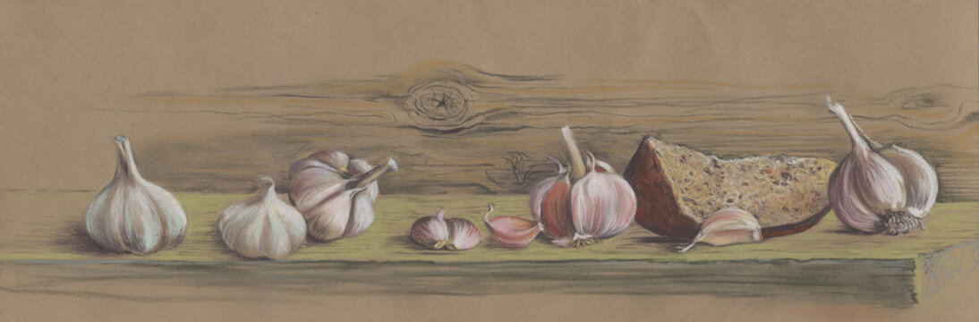 Illustration of garlic and bread, graphic drawing by the artist.