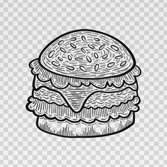 Hand drawn burger on transparent background. Vector illustration.