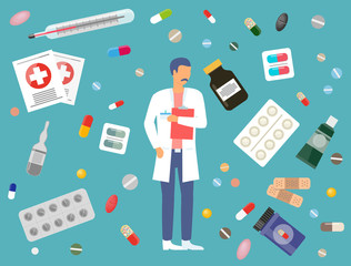 Medicine, pharmacy hospital set of medicines in various forms. Medication, pharmaceutics concept. Doctor and medicines. Set of tablets, blister, spray, syrup, syringe, patch for sickness treatment