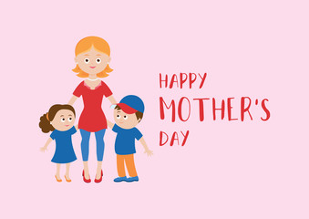 Happy Mother's Day lettering with mom and children vector. Happy mother with two children vector. Mom and kids icon isolated on a white background. Beautiful mom and cute children cartoon character