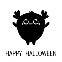 Monster silhouette. Happy Halloween. Cute kawaii cartoon black scary funny character icon. Eyes, ear, hands, fang, horns. Funny baby collection. Isolated. White background. Flat design.