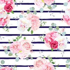 Flowers navy striped seamless vector print