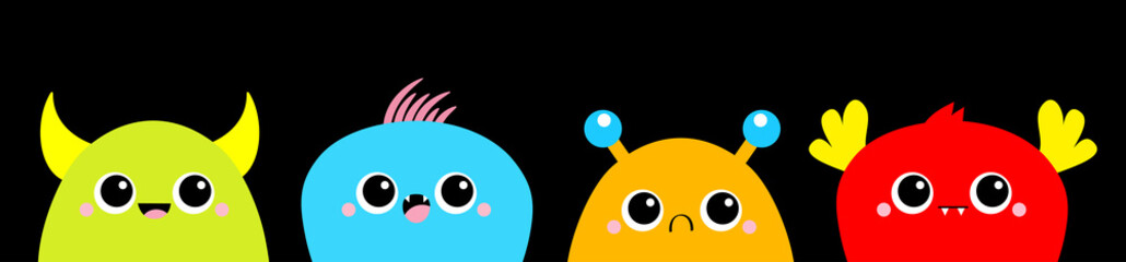 Monster head face line. Happy Halloween. Baby icon set. Cute cartoon kawaii scary funny colorful character. Eyes, tooth fang, tongue, hands up. Black background. Isolated. Flat design.
