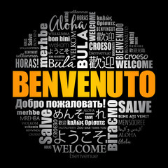 Benvenuto (Welcome in Italian) word cloud in different languages, conceptual background