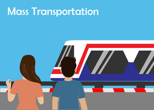 Passenger waiting for sky train, a mass transportation. Vector Illustration. Isolated on blue background with copy space. 