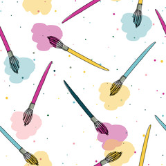 Paint brush and paint splotches on speckled background seamless repeat Vector illustration. surface pattern design