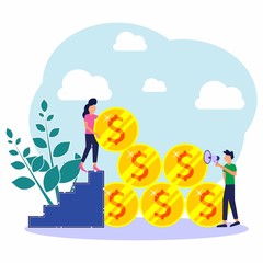 Vector illustration, building from coins, investment management, companies involved in joint construction and cash profit planting, career growth towards success, flat color icons, business analysis.
