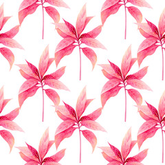 Watercolor painting colorful tropical leaf,pink leave seamless pattern background.Watercolor hand drawn illustration tropical exotic leaf prints for wallpaper,textile Hawaii aloha summer style..